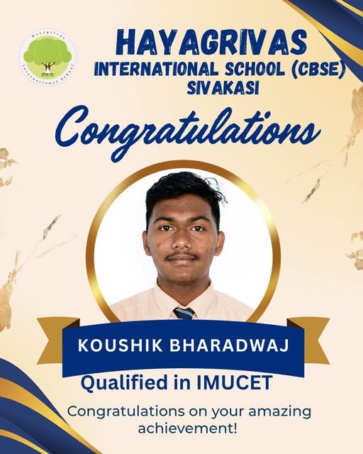 School poster congratulating Koushik Bharadwaj on qualifying in IMUCET
