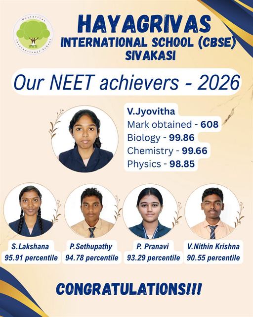 School poster: NEET 2026 achievers, led by V. Jyovitha with 608 marks