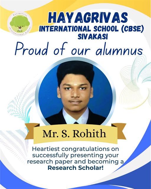 School poster congratulating alumnus S. Rohith