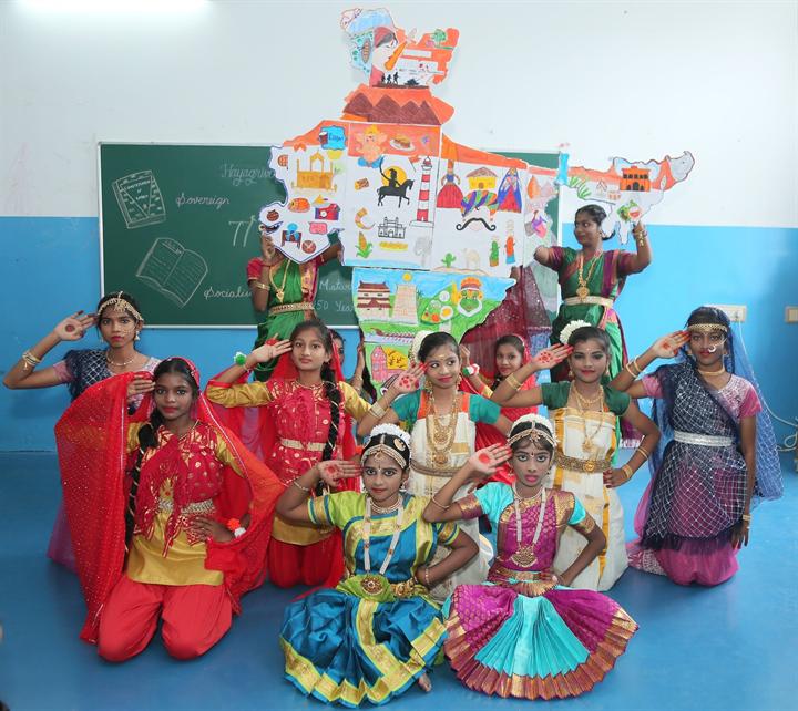 Students in costumes from different Indian states